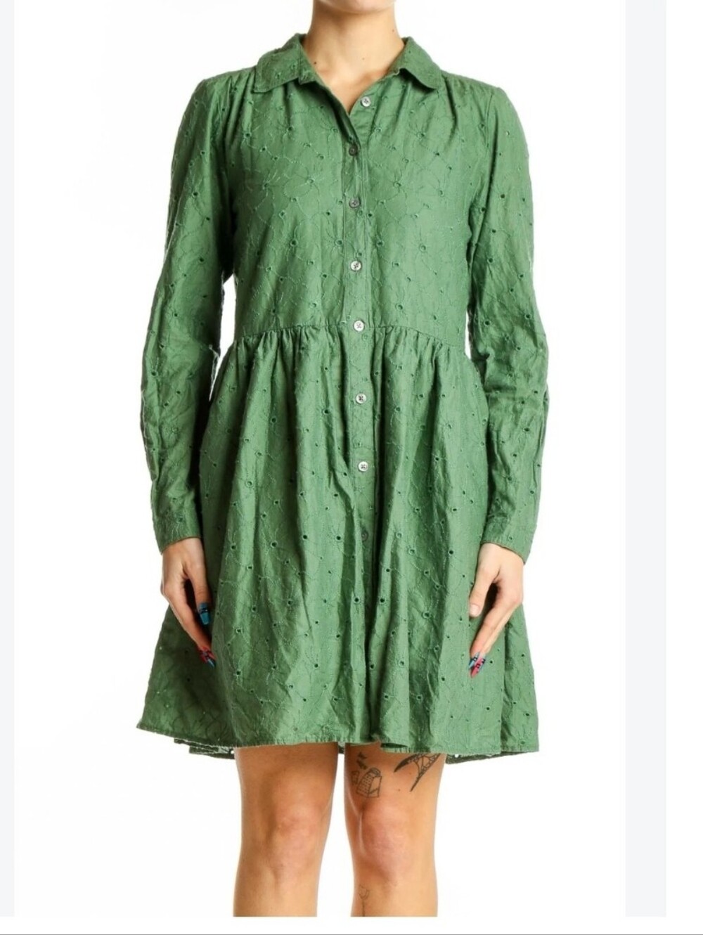 J. Crew Dress Eyelet Mini Shirtdress Green Women's Long Sleeve 100% Cotton Sz 00